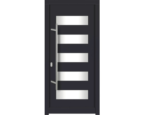 Haustür DW57 Kiefer RAL 7016 anthrazitgrau 1100x2100 mm DIN Links (nach innen öffnend) Moderne Haustür mit horizontalen Fensterelementen und Edelstahlgriff