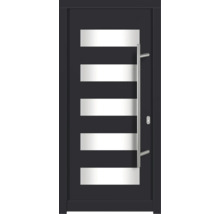 Porte d''entrée moderne avec des panneaux de verre horizontaux et une poignée en acier inoxydable