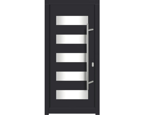 Porte d'entrée DW57 pin RAL 7016 gris anthracite 1000x2100 mm tirant droit (ouverture vers l'intérieur) Porte d''entrée moderne avec des panneaux de verre horizontaux et une poignée en acier inoxydable