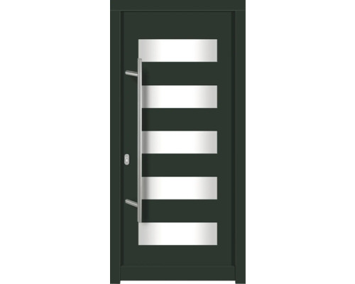 Haustür DW57 Kiefer RAL 6009 tannengrün 1000x2100 mm DIN Links (nach innen öffnend) Moderne Haustür mit horizontalen Glaseinsätzen und Edelstahlgriff