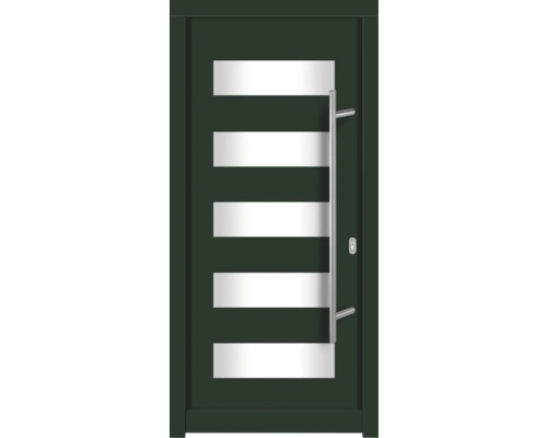 Porte d'entrée DW57 pin RAL 6009 vert sapin 1000x2100 mm tirant droit (ouverture vers l'intérieur) Porte d''entrée moderne avec cinq panneaux de verre rectangulaires et une poignée en acier inoxydable