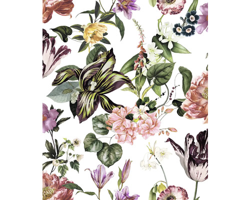 Vliestapete 47458 Flora Blumen grün rosa Floral gemustertes Produkt mit verschiedenen Blumensorten und Blättern.