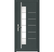 Porte d''entrée grise avec éléments en verre et lignes décoratives horizontales