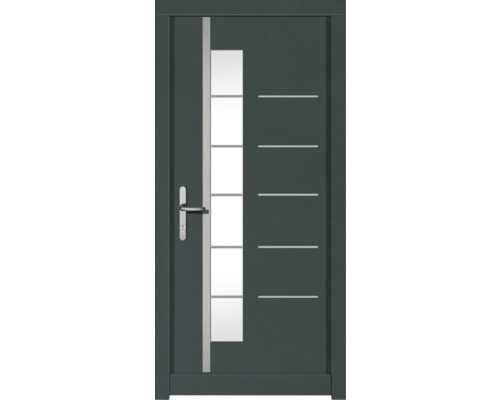 Porte d'entrée DW18 pin RAL 6012 vert noir 1000x2100 mm tirant gauche (ouverture vers l'intérieur) Porte d''entrée grise avec éléments en verre et lignes décoratives horizontales
