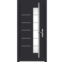 Porte d''entrée moderne avec insert en verre et lignes décoratives horizontales