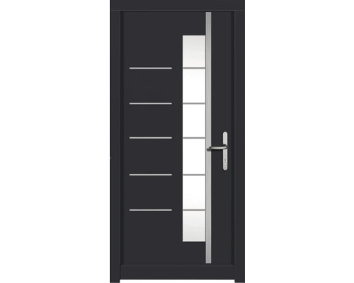 Porte d'entrée DW18 pin RAL 7016 gris anthracite 1100x2100 mm tirant droit (ouverture vers l'intérieur) Porte d''entrée moderne avec insert en verre et lignes décoratives horizontales