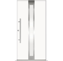 Weiße Haustür mit Edelstahlgriff und Glaseinsatz