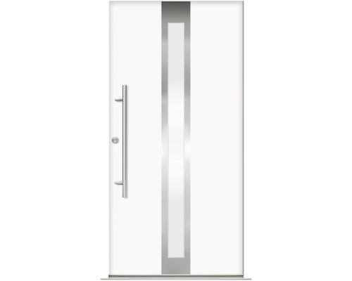 Weiße Haustür mit Edelstahlgriff und Glaseinsatz