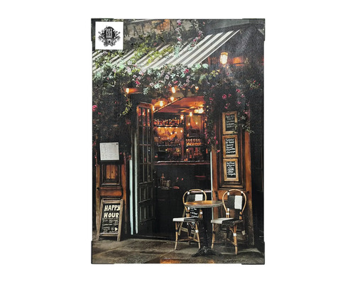 Toile décorative représentant un bar de style vintage avec des tables et des chaises à l''extérieur