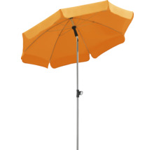 Orangefarbener rechteckiger Sonnenschirm mit silberfarbenem Mast