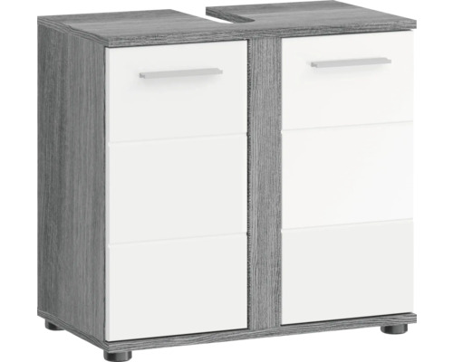 Meuble sous vasque Xonox.home Blake lxhxp 57 x 60 cm x 34 cm couleur de façade blanc haute brillance / corps argent fumée Meuble sous-vasque avec deux portes et plusieurs tiroirs