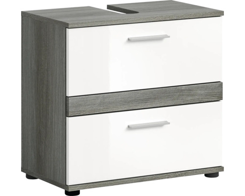 Meuble sous vasque Xonox.home Blake lxhxp 60 x 57 cm x 34 cm couleur de façade blanc haute brillance / corps argent fumée Meuble sous-lavabo avec deux tiroirs