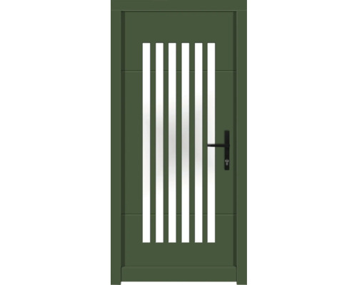 Porte d'entrée DW25 pin RAL 6000 vert patine 1000x2100 mm tirant droit (ouverture vers l'intérieur) Porte d''entrée verte avec panneaux de verre verticaux et poignée de porte noire