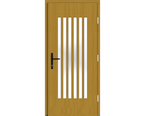 Porte en bois avec inserts en verre verticaux et poignée de porte noire