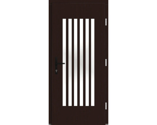 Braune Außentür mit fünf vertikalen Glaseinsätzen und schwarzem Türgriff