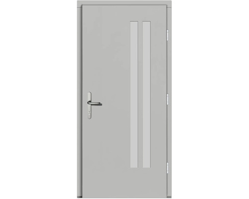 Graue Innentür mit zwei Glasausschnitten und Griff