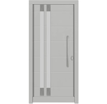 Porte d''entrée moderne avec éléments décoratifs verticaux et barre de poignée