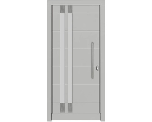 Porte d'entrée DW27 pin RAL 9016 blanc signalisation 1000x2100 mm tirant droit (ouverture vers l'intérieur) Porte d''entrée moderne avec éléments décoratifs verticaux et barre de poignée