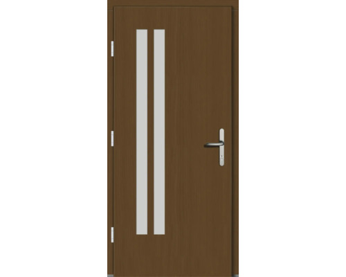 Holztür mit zwei vertikalen Glaseinsätzen und Türgriff