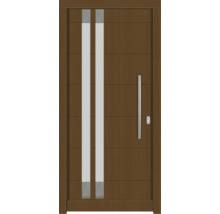 Porte d''entrée moderne en bois avec insert en verre et poignée en acier inoxydable