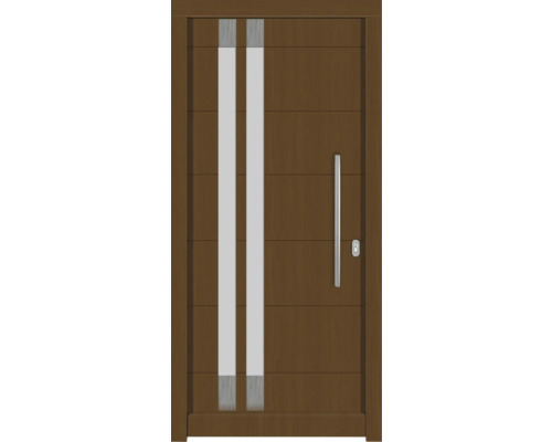 Moderne Haustür aus Holz mit Glaseinsatz und Edelstahlgriff