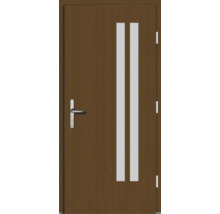 Porte intérieure brune avec deux inserts en verre et une poignée de porte.