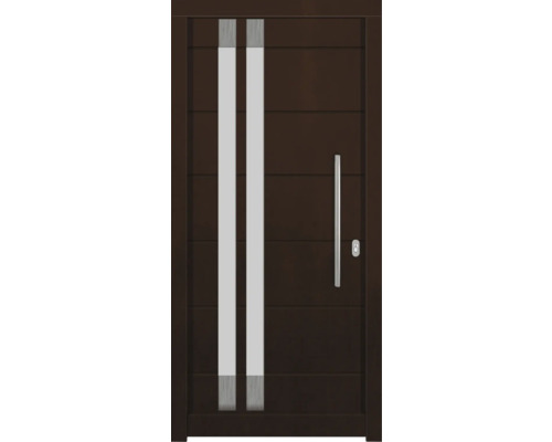 Porte d'entrée DW27 pin/chêne noyer 1100x2100 mm tirant droit (ouverture vers l'intérieur) Porte d''entrée marron avec inserts en verre et poignée