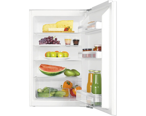 Réfrigérateur Amica EVKS 16182-1 lxhxp 56 x 88 x 55 cm blanc Réfrigérateur ouvert rempli d''aliments tels que fromage, fruits, légumes et boissons