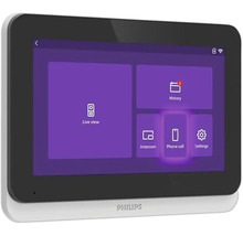Écran Philips avec interface utilisateur pour vue en direct, historique, intercom, appel téléphonique et paramètres