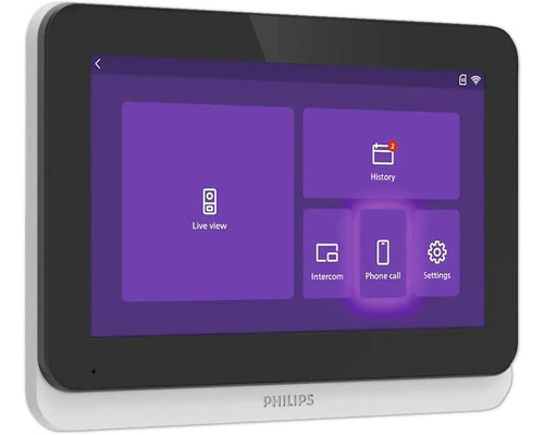 Écran Philips avec interface utilisateur pour vue en direct, historique, intercom, appel téléphonique et paramètres