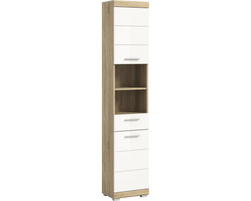 Hochschrank mit Tür, Schubladen und offenen Fächern