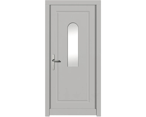 Porte d'entrée DW29 pin RAL 9016 blanc signalisation 1000x2100 mm tirant gauche (ouverture vers l'intérieur) Porte grise avec un étroit insert en verre allongé et une poignée de porte argentée
