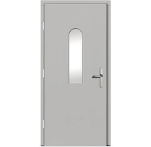 Porte intérieure grise avec fenêtre et garniture de poignée