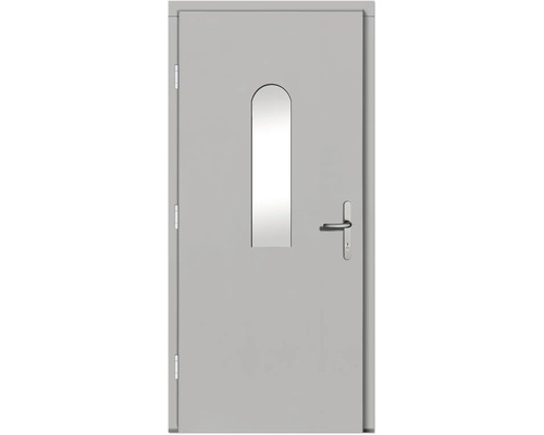 Graue Innentür mit Sichtfenster und Drückergarnitur