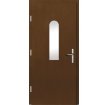 Porte intérieure marron avec judas allongé et poignée de porte argentée.