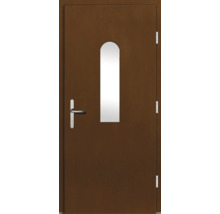 Braune Innentür mit Langschild und ovalem Glaseinsatz.