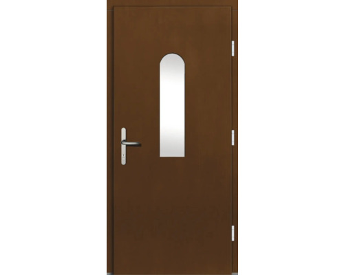 Porte intérieure brune avec longue plaque et insert en verre ovale.