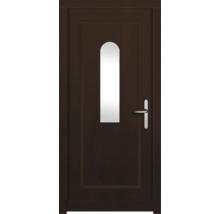 Porte marron avec fenêtre en verre et poignée argentée