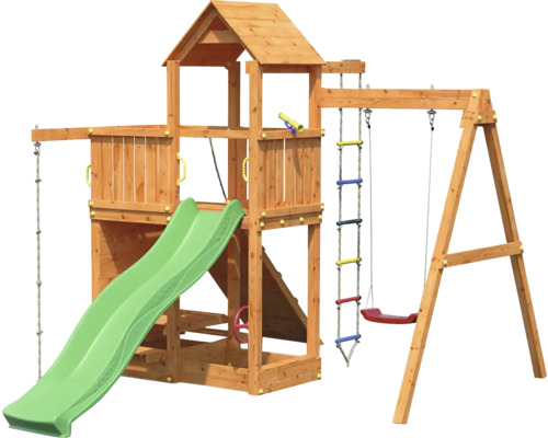 Tour de jeux avec toboggan, balançoire et échelle de corde en bois