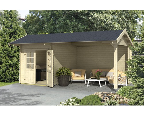 Gartenhaus Outdoor Life Kenzo inkl. Fußboden, Anbaudach mit Rückwand 580 x 389,3 cm natur Gartenhaus mit überdachter Terrasse und Sitzmöbeln im Außenbereich