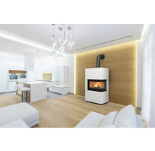 Salon avec poêle à bois et cuisine ouverte