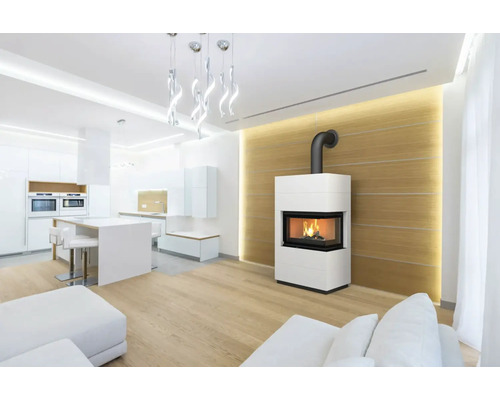 Salon avec poêle à bois et cuisine ouverte