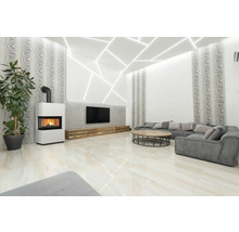 Wohnzimmer mit Kamin, Fernseher und Sofa für eine helle, moderne Atmosphäre