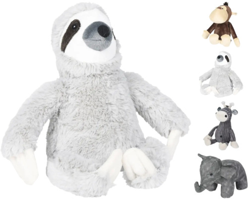 Diverses peluches, dont un paresseux, un singe, une girafe et un éléphant