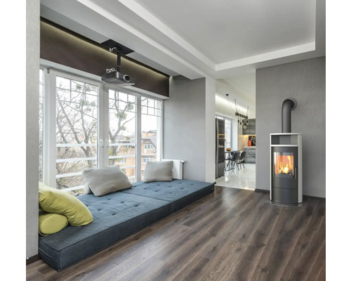 Heller Wohnraum mit Fensterbank, Projektor und Kaminofen.