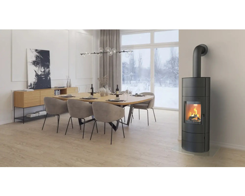 Wohnzimmer mit Esstisch, Stühlen und Kaminofen.