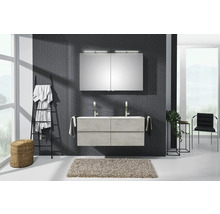 Helles Badezimmer mit Waschtischunterschrank, Spiegelschrank, Handtuchleiter und Teppich