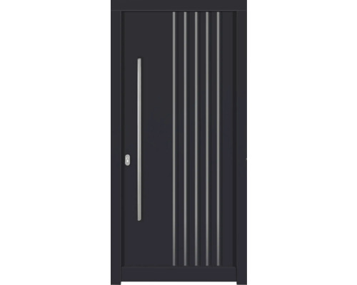 Porte d'entrée DW54 pin RAL 7016 gris anthracite 1100x2100 mm tirant gauche (ouverture vers l'intérieur) Porte d''entrée moderne avec éléments décoratifs verticaux et poignée en acier inoxydable