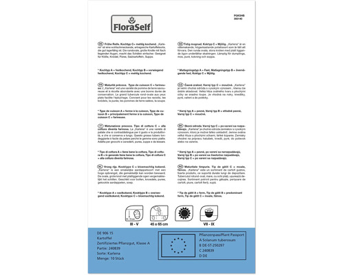 Informations sur la variété de pomme de terre Karlena, y compris la période de maturation, le type de cuisson et l''utilisation.