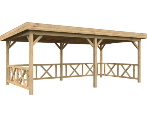 Pavillon Palmako Lenna 16,6 m² Set 307 y compris garde-corps 588 x 300 cm imprégné par immersion marron Pavillon de jardin en bois avec toit et clôture à lattes